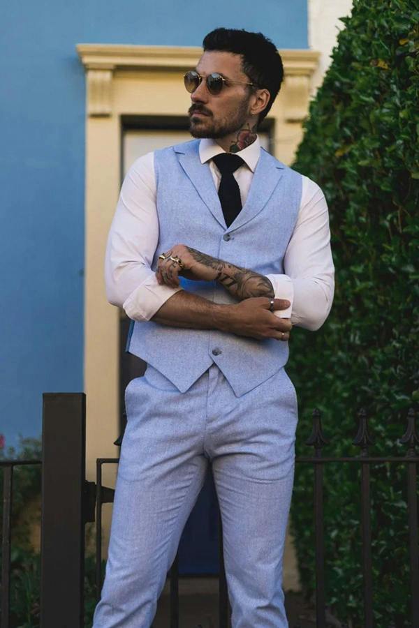 Infinity Leather Men's Summer 2 Piece Suit Linen Formal Blue Waistcoat Trousers