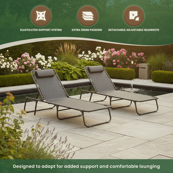 Luxury Padded Lay Flat Garden Sun Loungers Brown (Set of 2)