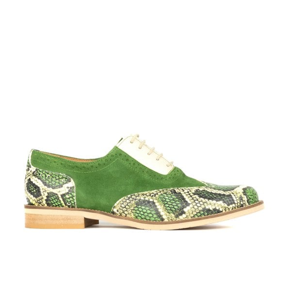 Embassy London Vivienne - Green Snake - Women's almond toe lace up leather oxfords with broguing