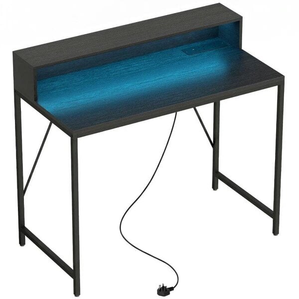 Gaming Desk, 100cm Computer Desk with LED Lights, Power Outlets, Monitor Stand and Remote, Black Wood-Effect