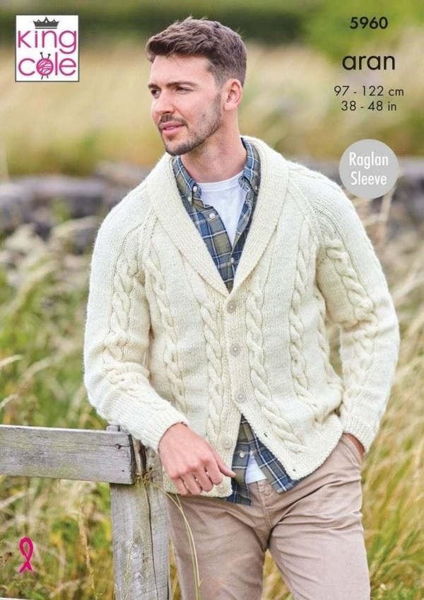 King Cole Wool Aran Knitting Pattern 5960, Cardigans for Men, 38 - 48 Inches