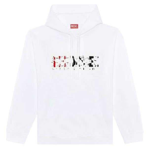 Diesel Mens Double Destroyed Logo Hoodie - White - 