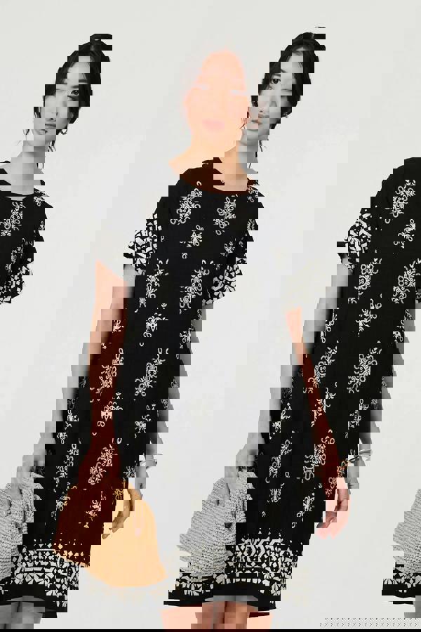 Black | Border Print Knee Length Short Dress