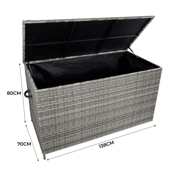 Grey rattan storage box with a spacious interior, dimensions 138cm x 70cm x 80cm, featuring a hinged lid and textured weave design