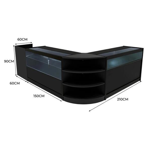 Black Europa LED Shop Counter Set featuring sleek glass displays, curved design, and ample storage, dimensions 210cm x 90cm x 60cm
