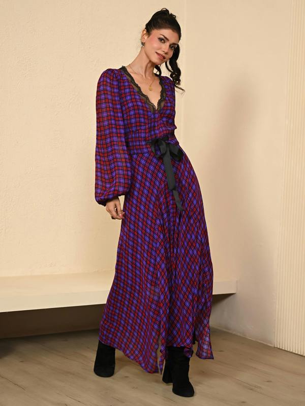 Rose & Nancy Chloe Check Lace Trim Tie Waist Maxi Dress