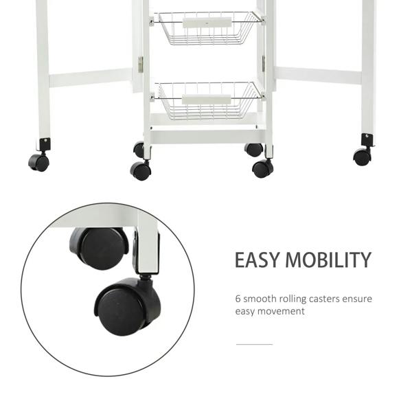 White kitchen cart with three wire baskets and six smooth-rolling caster wheels
