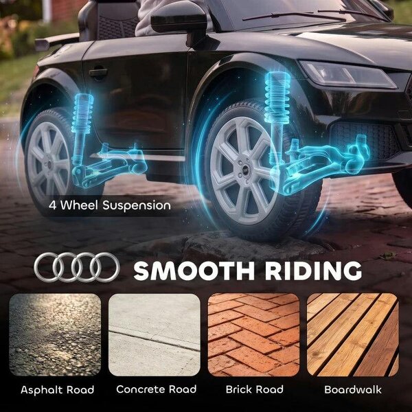 12V Audi TT RS Licensed Electric Car, Electric Ride On Toy with Remote Control, Dual Motors, 4-Wheel Suspension, Black