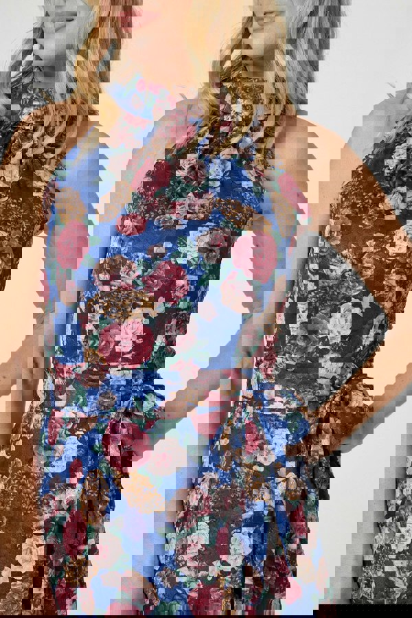 Blue | Floral Frill Hem Midi Halter Dress