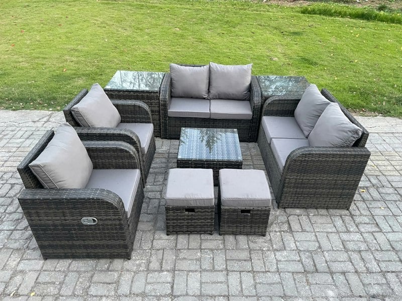 Fimous Garden Furniture Set Rattan Outdoor Lounge Sofa Chair With Tempered Glass Table 2 Small Footstools 2 Side Tables Dark Grey Mixed