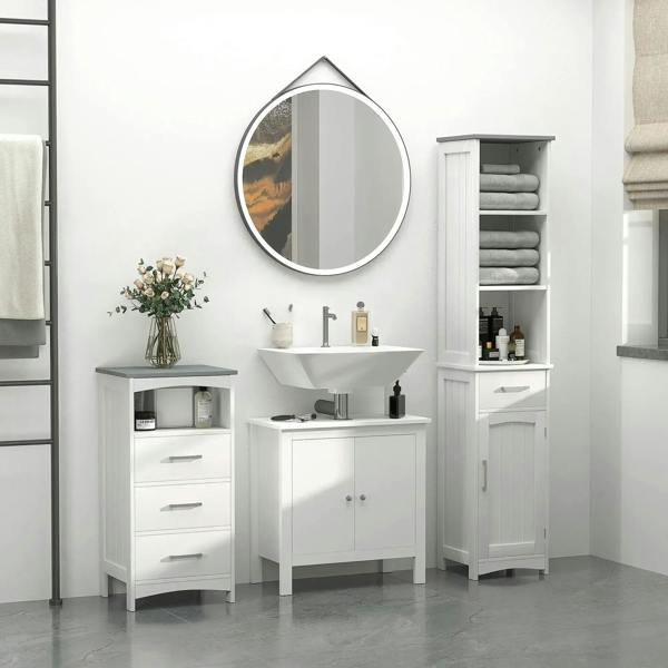White tall bathroom storage cabinet with shelves, cupboard door, and drawers