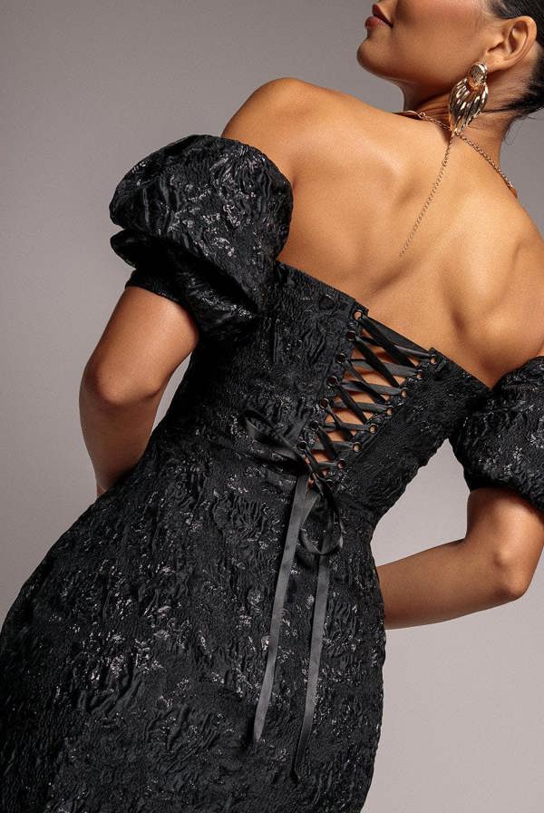 Puff Sleeve Sweetheart Midi Dress - Black DR4883