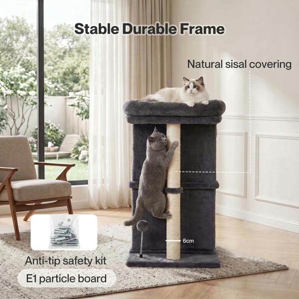 Skylos Cat Tree with Scratching Sisal Post Large Top Perch 2 Condos Dark Grey