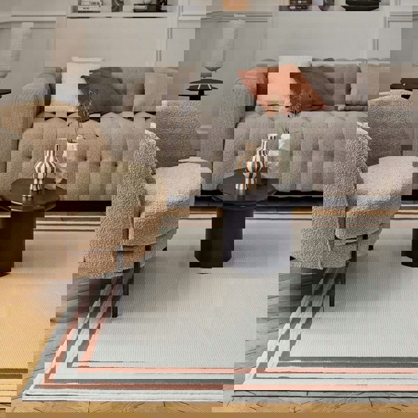 Bordered Living Room rug, terra-cream colours, stain-resistant and non-shedding