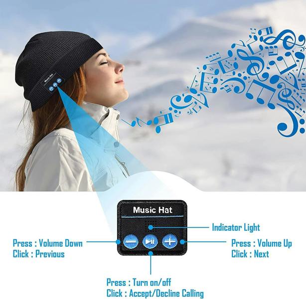 Dyzi Rechargeable Wireless Beanie with Built-in Torch 3 in 1 Headphones and Headlamp