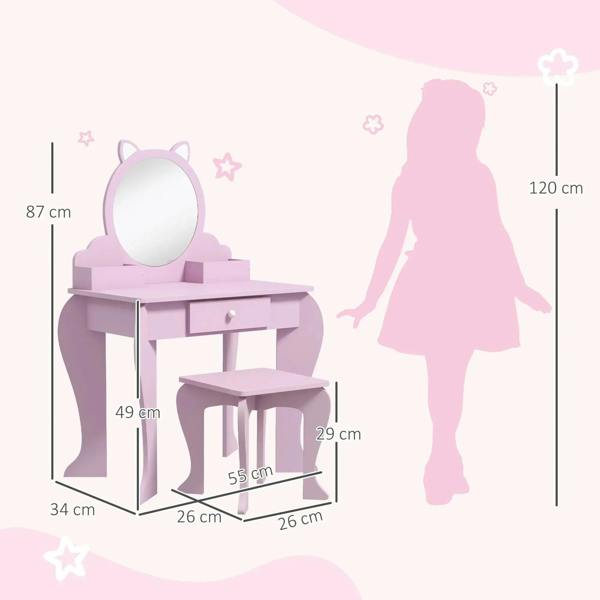 Pink kids vanity table with cat mirror, drawer, and matching stool with size illustration