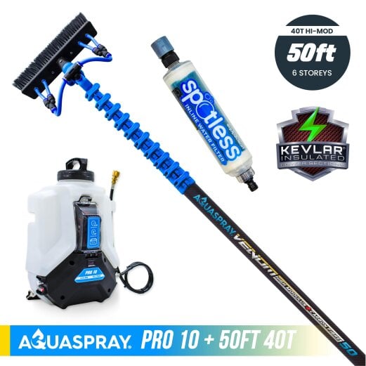 Equip2clean Aquaspray® Venom 50ft 30T High-Mod KEVLAR INSULATED Water-Fed Pole & Spray Tank Pack - Aquaspray Pro 10L Backpack - 50ft 30T