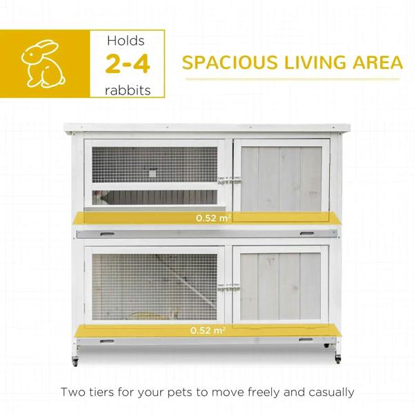 White two-tier wooden pet hutch with two front doors and wire mesh panels