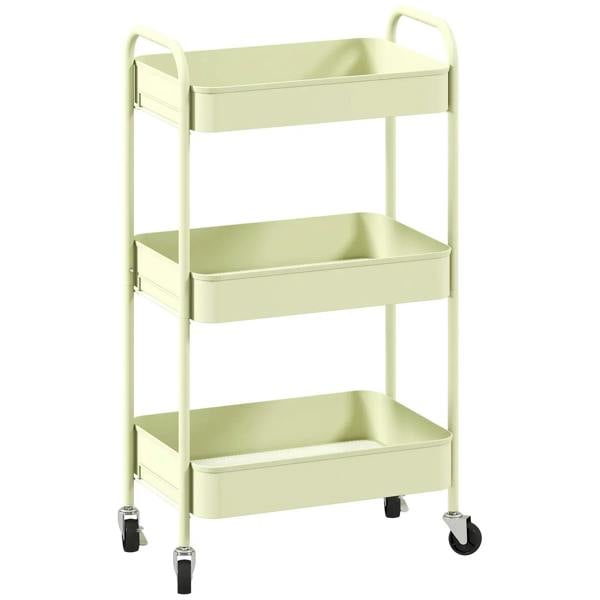Three-tier green steel storage trolley with three open shelves and 4 rolling casters