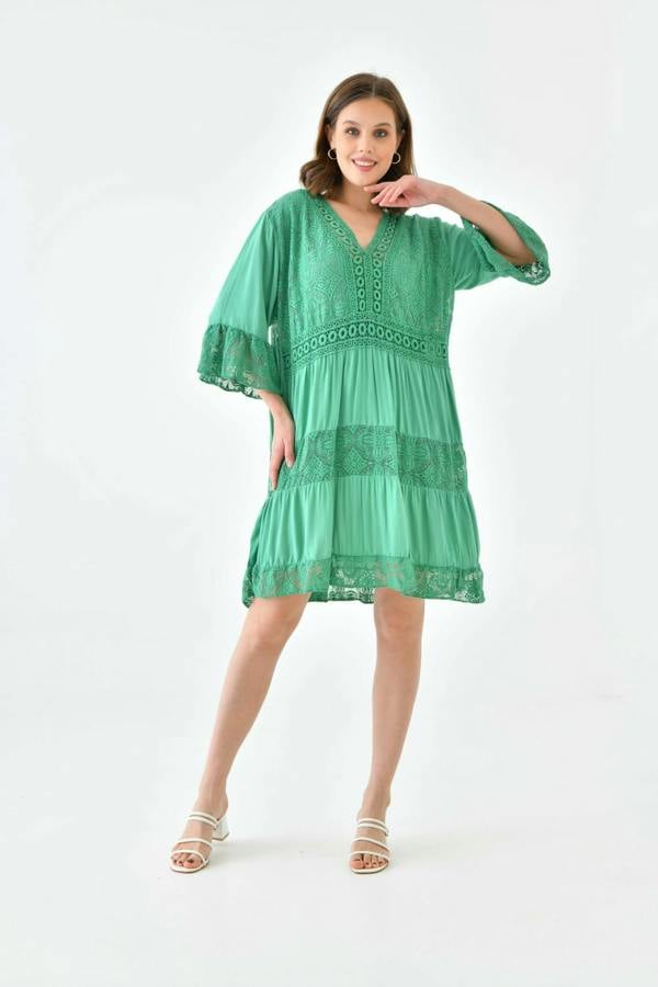 Hoxton Gal Oversized 3/4 Sleeves Lace Detailed V Neck Mini Dress in Green