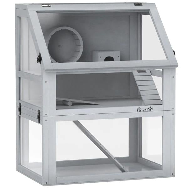 Light grey wooden hamster cage with exercise wheel, ramp, and detachable bottom