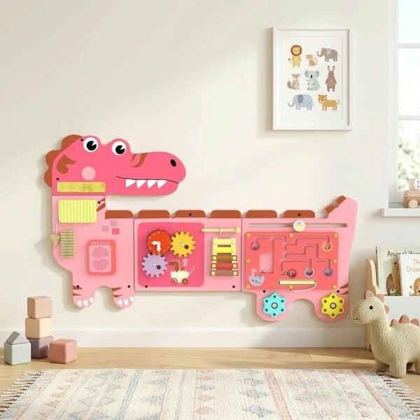 Bobobiy Busy Board Panels, Wall Mounted Montessori Inspired Busy Board, Toddler Learning Centre Dinosaur Theme, Pink