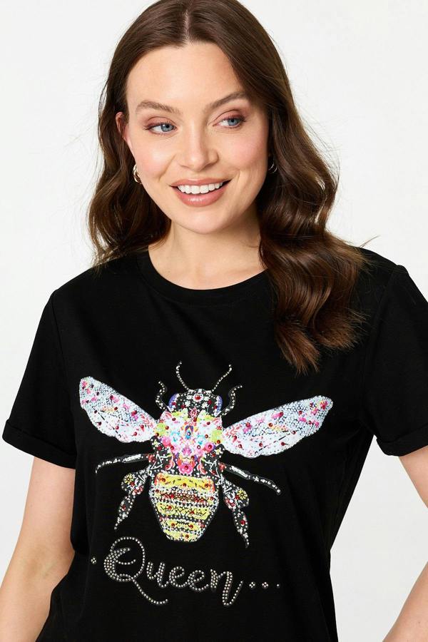 Black | Graphic Bee Print Sparkly Slim T-Shirt