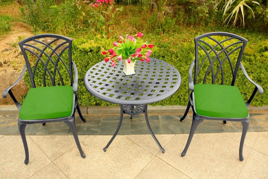 Centurion Supports OSHOWA Luxurious Garden and Patio Table and 2 Large Chairs with Armrests Cast Aluminium Bistro Set - Grey with Green Cushions