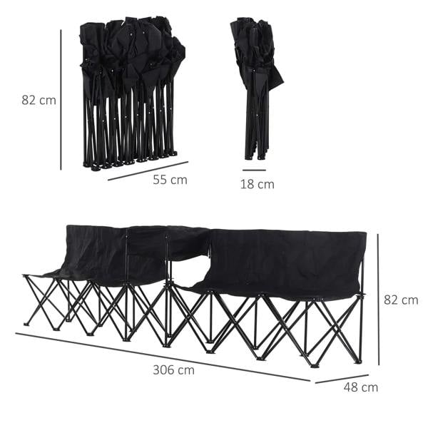 Black 6-seat folding sports bench with padded seat panels and steel cross-frame legs