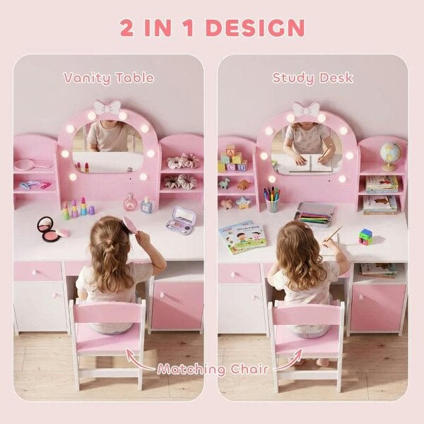 Kids Vanity Set, Kids Dressing Table with Stool, 2-Colour Lights Mirror, Cabinet, Drawer and Shelves, Pink