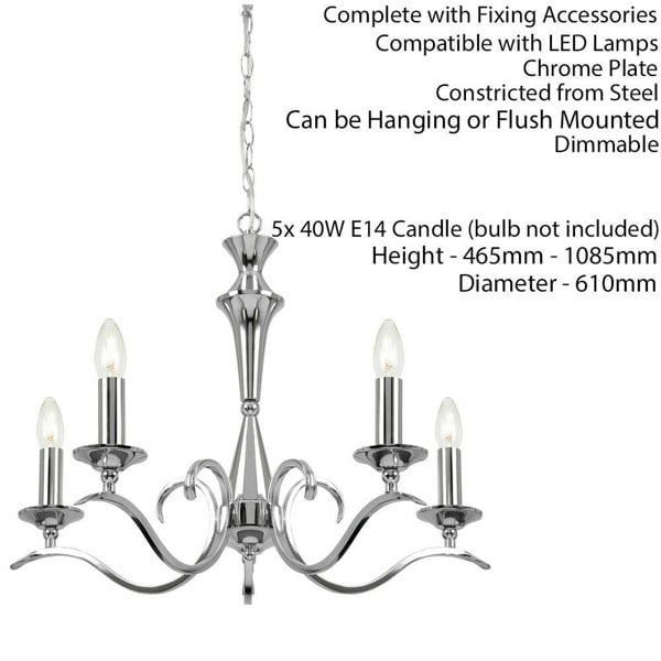Hanging Flush Ceiling Pendant 5 Light CHROME Chandelier Classic Lamp Bulb Holder Loops