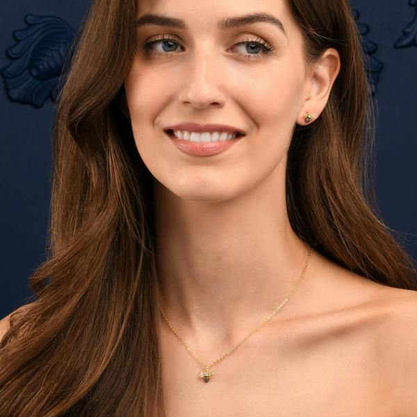 namana Gold Bumble Bee Necklace with Cubic Zirconia and Black Enamel