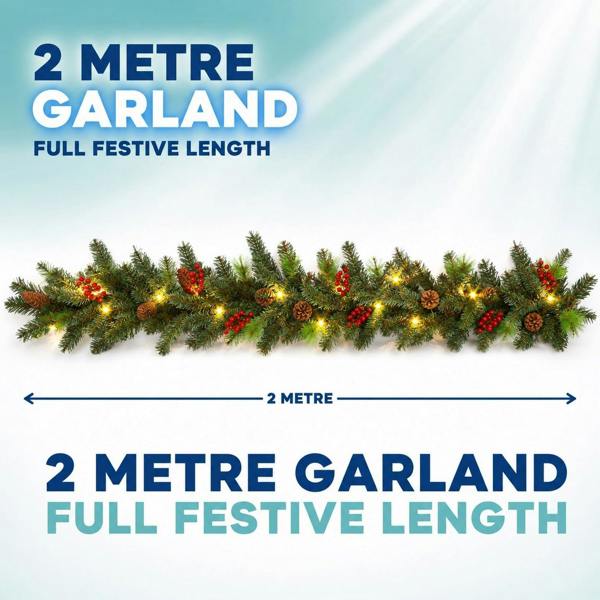 2m Green Christmas Tree Garland with Mixed Tips, Red Berries, Pine Cones and Warm White LEDs image 3