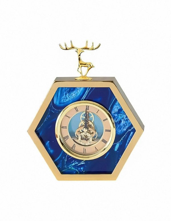 Anyhouz Tabletop Hexagon Gold Desk Clock With Deer Head Home Decor 23cm