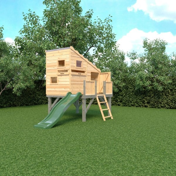 Shire Command post on platform with Slide 6x4 Childrens Playhouse with 12mm Shiplap interlocking cladding