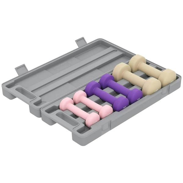 6kg dumbbell set in pink, purple, and beige weights with plastic storage tray