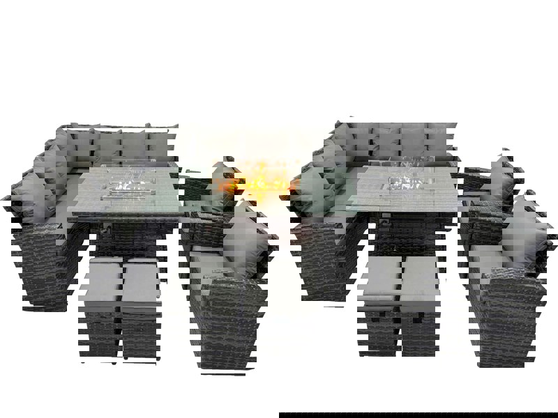 Fimous Poly Rattan Outdoor Patio Gas Fire Pit Dining Table Corner Sofa Set with 2 Small Stools 2 Chairs for Garden Backyard Dark Grey Mixed