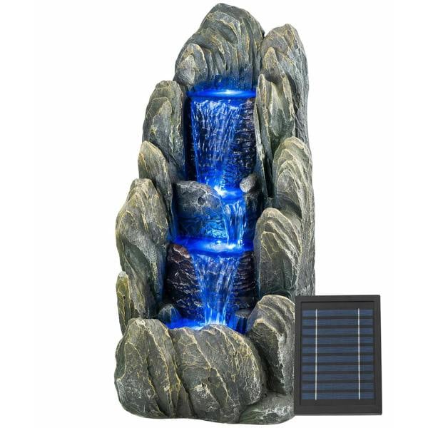 Gardenwize Solar Water Feature – Tiered Cascading Rock Fountain with LED Lights & Battery Backup