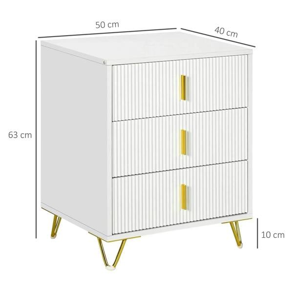 White three-drawer chest with ribbed drawer fronts, gold handles, and gold legs