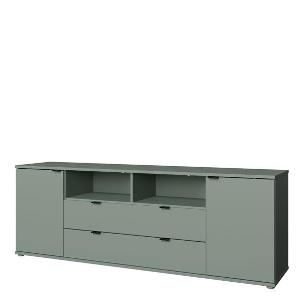 Furniture To Go Ganymede Wide TV Unit with Open Shelving, 2 Drawers & 2 Doors in Sage Green