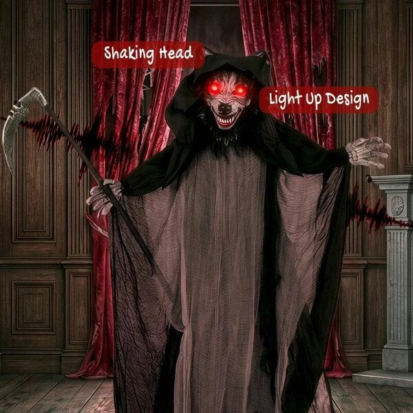 Bobobiy Halloween Standing Werewolf Animated Decoration with Light-Up Eyes, Sound and Touch Activated