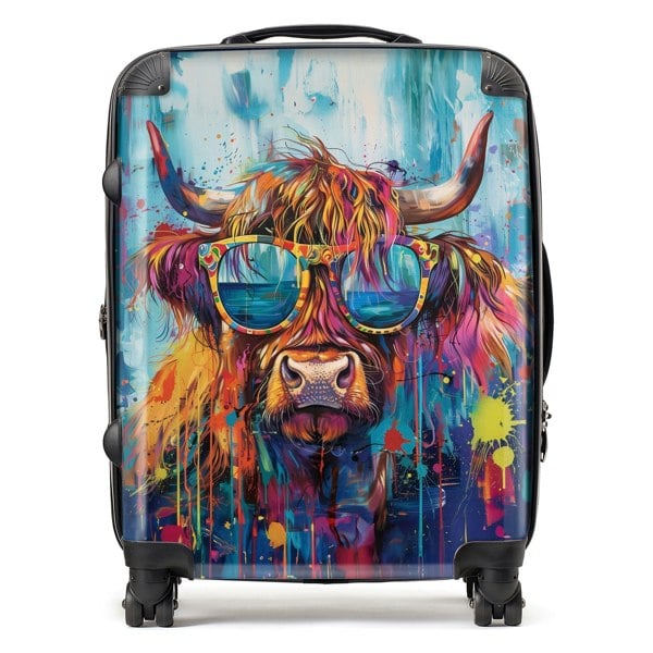 Warren Reed Splashart Highland Cow With Glasses Suitcase