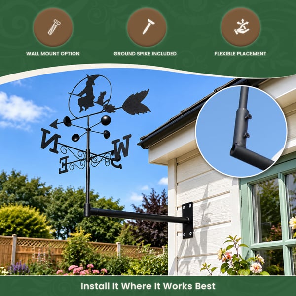 Witch Steel Weathervane, Black Painted All-Steel Weather Vane With Wall Fixings and 1.7m Ground Spike, Wind Speed Cups