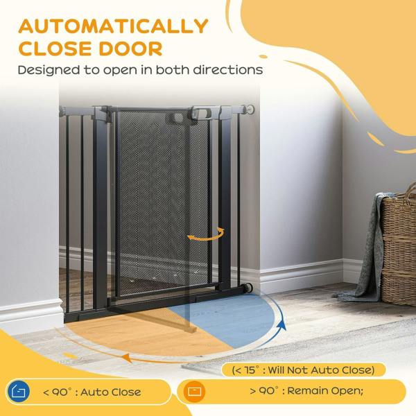 Black pressure-fit safety gate with mesh panel and side extensions for openings
