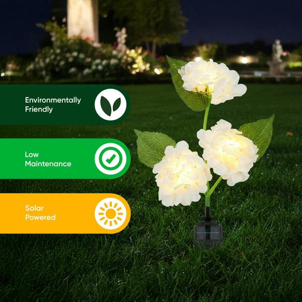 Gardenwize Hydrangea Solar Stake Light – 3 Flower Head Warm White LED Garden Light
