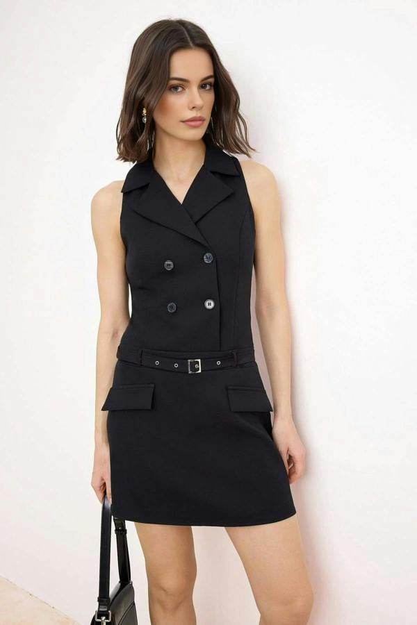 WOVCOR Belted Jacket Collar Mini Woven Dress