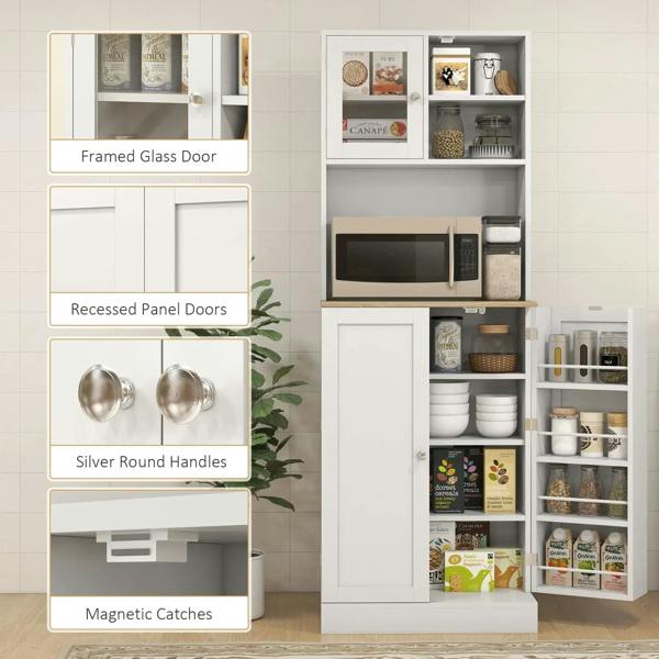 White kitchen storage cabinet with framed glass door, recessed panels, round silver handles