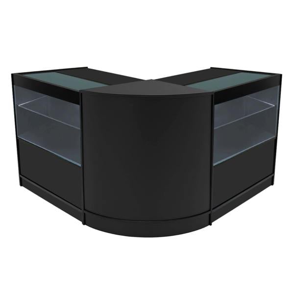 Black Selene LED shop counter set featuring a sleek, modern design with glass display sections and a curved shape for stylish retail presentation