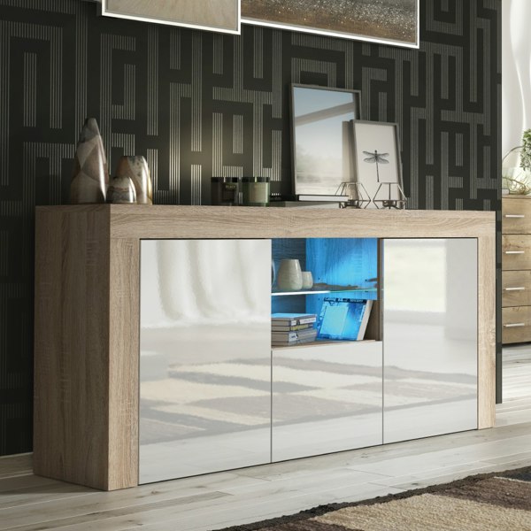 Mex Furniture 145cm Modern TV Unit, Cabinet Stand & Sideboard, with White Gloss Doors & Free LED