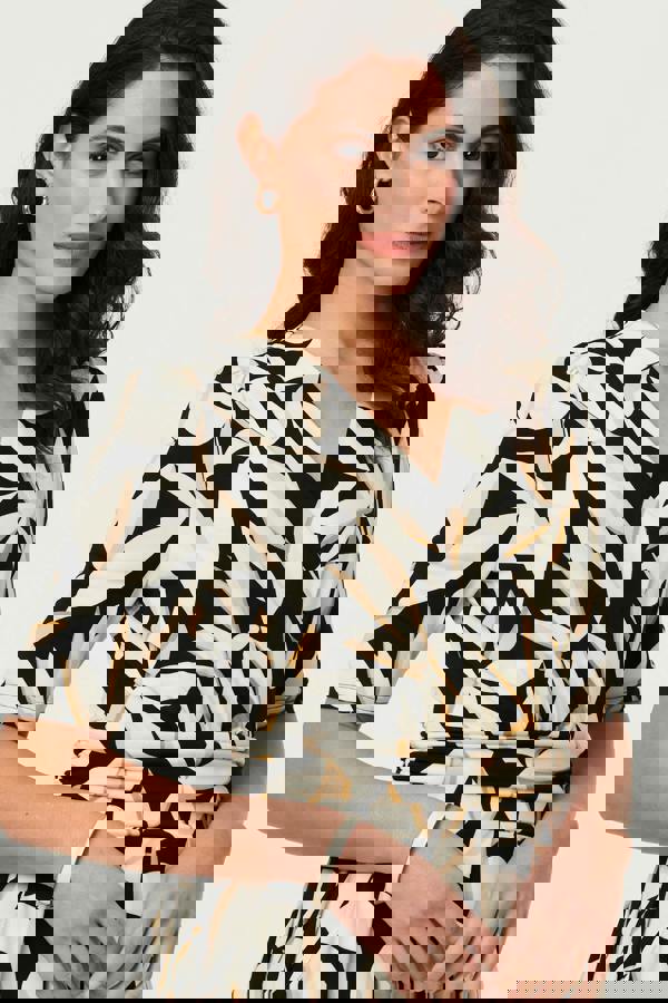 Black | Leaf Print 1/2 Sleeve Wrap Midi Dress